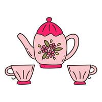 Tea service. Two pink cups and teapot. Vector