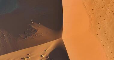 Drone flight over the glowing red sand dunes of the Namib Desert in Sossusvlei early in the morning video