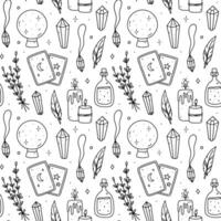 Cute seamless pattern with magic doodles - crystal ball, pendant, candles, gemstones, tarot cards, potion. Vector hand-drawn illustration. Perfect for print, wallpaper, decorations.