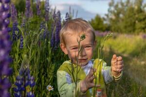 madre y niño hijo son caminando en un campo de flores foto