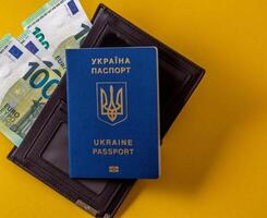 ukrainian passport and 100 euro banknotes photo