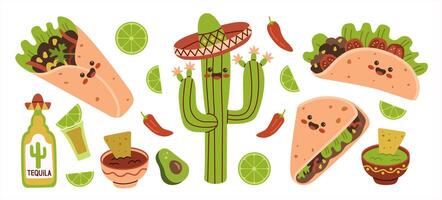 Mexican food funny characters set. Mexico cuisine cute happy face emoticons mascot collection. Smiling burrito, taco. vector