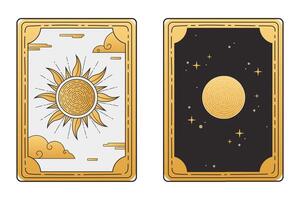 Sun and Moon tarot cards in gold and black on white background. Vector illustration of esotericism, astrology, fortune telling, predictions