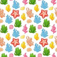 Seamless pattern of sea life. Cute starfish, colorful corals and shells on white background. Vector illustration for kids prints, fabrics