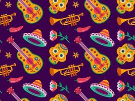 Dia de los Muertos or Day of Dead holiday. Traditional seamless pattern with skull, guitar, sombrero, flowers. vector