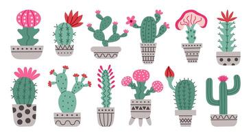 Cactus set. Desert spiny plant, Mexico cacti flower and tropical home plants or Arizona summer climate garden cactuses. vector