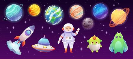 Set of space characters, planets and spaceships. Vector illustration in cartoon style for children and games