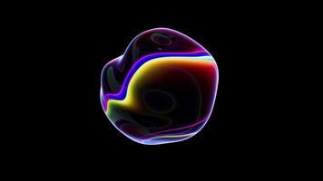 Distortion drop of liquid with holographic surface. 3D animation of an abstract neon rainbow wavy sphere. Seamless loop. Dynamic fashionable smooth moving abstract round shape. A bright transparent video