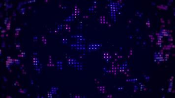 Abstract LED glowing pixel background in violet blue colors. Flickering dispatcher panel, digital, digital world map on a dark blue background. Neon light bulbs dynamically light. Looping animation video