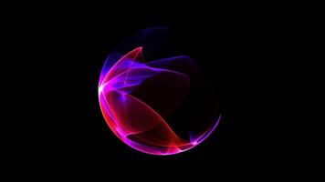 3d tolkning av en enkel rena, abstrakt utomjording sfär tillverkad av vågig lutning former och rader, i neon lila färger på en svart bakgrund. eleganta modern neon laser boll. dynamiskt rör på sig abstrakt video