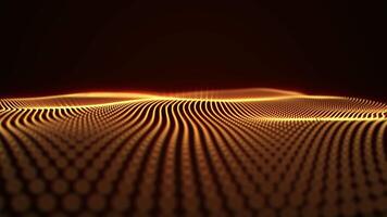 Abstract horizon made of golden dots. Digital wavy, dynamically moving background. Linear golden sea glows with rays on a dark red background. Looping animation, Seamless video. Edge of golden video