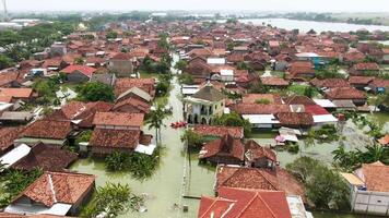 aérien drone métrage de des résidents Maisons étant inondé dans demak, central Java, Indonésie 4k drone vidéo - visuel oudara situation banjir di kabupaten demak, jawa tengah, Indonésie video