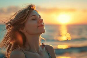 AI generated a woman is smiling and looking up at the sun photo