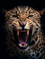 AI generated close up portrait of a leopard with a roaring expression. generative ai photo