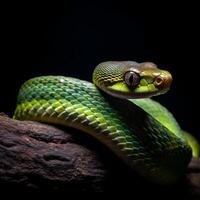 ai generado de cerca retrato de verde serpiente en negro fondo, generativo ai foto
