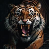 AI generated close up portrait of a roaring tiger, generative ai photo