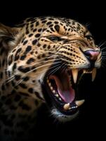 AI generated close up portrait of a leopard with a roaring expression. generative ai photo