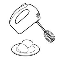 Kitchen Tools. Mixer and plate of eggs. Outline illustration, design elements vector