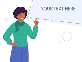 Young woman with speech bubble. Empty speech bubble for the text. Place for a message or advertisement. Woman pointing at copy space vector