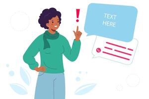 Young woman sharing promotional information. Index finger up. Empty speech bubble for the text. Place for a message or advertisement vector