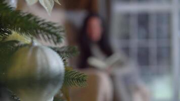 familie kerstmis, pret partij, blijven Bij huis, nieuw jaar viering. vrouw lezing boek terwijl zittend Bij huis in fauteuil in de buurt Kerstmis boom video