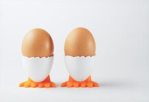 dos Fresco huevos en un huevo taza en el forma de un pollo foto