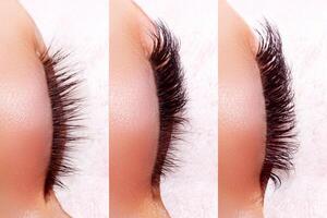Eyelash Extension Procedure. Comparison of female eyes before and after. photo