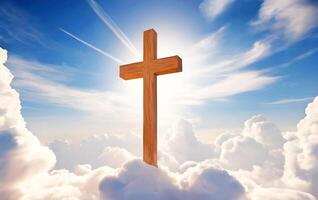 AI Generated Christian Easter concept with a cross in the sky symbolizing faith in Jesus Christ salvation and eternal life. photo