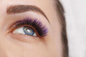 Eyelash Extension Procedure. Woman Eye with Long Blue Eyelashes. Ombre effect. Close up, selective focus. photo