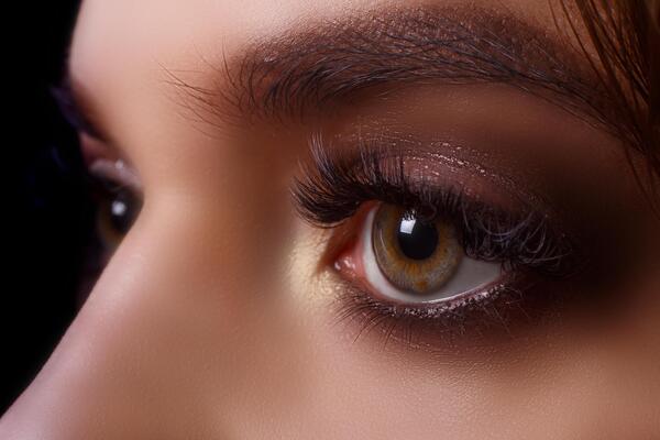 Eyelash Extension Procedure. Woman Eye with Long Eyelashes after Extension Procedure. White eyelashes. Dark background. Makeup. Close up, selective focus.