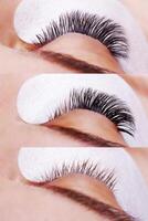 Eyelash Extension Procedure. Comparison of female eyes before and after. photo