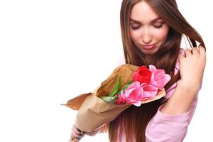 happy Woman portrait with tulips isolated on white background. 8 march. photo