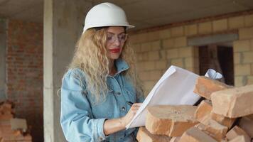 vrouw architect leest de bouwkundig plan voor de bouw van de huis en maakt merken in het video