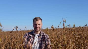 ein Farmer im das Mitte von ein Sojabohne Feld video