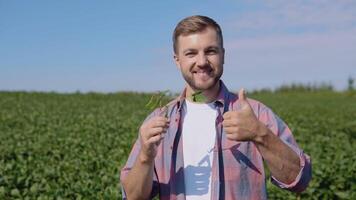 een jong boer looks Bij een soja spruit in zijn veld- video