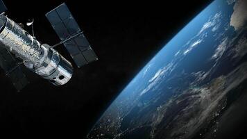 Spatial satellite around the earth planet in outer space video