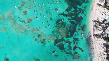 Aerial top view perspective of shoreline showcasing moored yachts and boats, vibrant coral reefs, sandy beach lined with hotel, all against backdrop of Caribbean Sea. Background. Zoom in. video