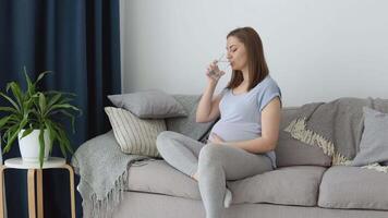 A pregnant woman in home clothes sits on the couch and drinks clean water. Third trimester of pregnancy. Health of a pregnant woman and her baby video