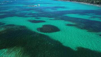 aéreo ver viaje continúa, impresionante vista de caribe línea costera revela sí mismo, exhibiendo maravilloso coral arrecife ese toma en forma de corazón, esmeradamente embelleciendo fondo del mar abajo. video