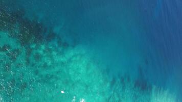 Ideal turquoise sea background. Aerial view of perfect teal blue waters of Atlantic ocean. Top down drone shot best snorkeling site on Dominican islands with seen through coral reefs and marine life video