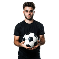 ai gegenereerd jongen staand met voetbal bal in hand- Aan transparant achtergrond - ai gegenereerd png