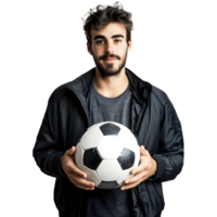 ai gerado Garoto em pé com futebol bola dentro mão em transparente fundo - ai gerado png