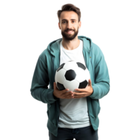 ai gegenereerd jongen staand met voetbal bal in hand- Aan transparant achtergrond - ai gegenereerd png