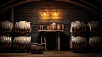 AI generated allure of winemaking with a composition featuring wooden wine barrels set against a rich dark backdrop, creating a visually appealing atmosphere for wine enthusiasts and connoisseurs photo
