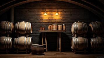 AI generated allure of winemaking with a composition featuring wooden wine barrels set against a rich dark backdrop, creating a visually appealing atmosphere for wine enthusiasts and connoisseurs photo