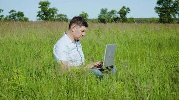 Mens werken achter een laptop zittend Aan de gras Bij de zonnig dag. hij is moe en wil naar rust uit. freelancer afgelegen werk concept. 4k video