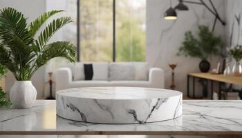 AI generated White marble podium table in modern living room, Mockup for design photo