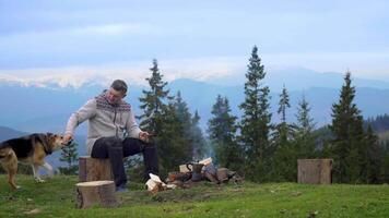 homem com cachorro perto uma fogo dentro a montanhas. viagem conceito video