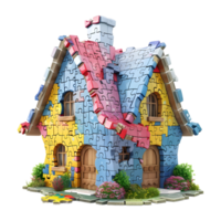 AI generated 3D Rendering of a House or Home Made From Jigsaw Puzzle Pieces on Transparent Background - Ai Generated png