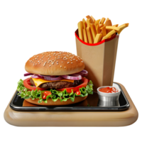 ai gerado 3d Renderização do uma hamburguer e fritas em Móvel telefone em transparente fundo - ai gerado png